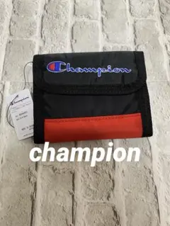 キッズ新品championロゴ入りウォレットマジックテープ三つ折り財布ブラック系