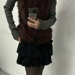 【新品未使用】3段フリル ブラック ミニスカート L 美シルエット ゴムウエスト