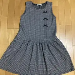 極美品 むーのんのん ノースリーブ ワンピース 150 千鳥柄 リボン