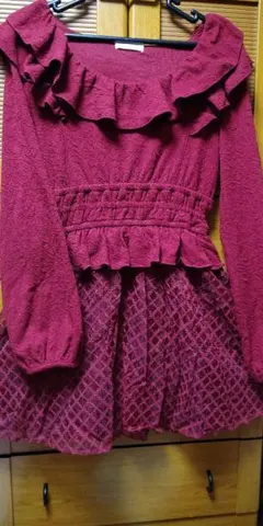 リズリサLIZ LISA 落ち着赤ワンピーススカートレースダブルフリル Wゴム