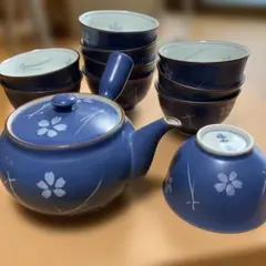 福幸釜　来客用に使える落ち着いた青色　桜と松葉模様　急須と茶碗10客セット