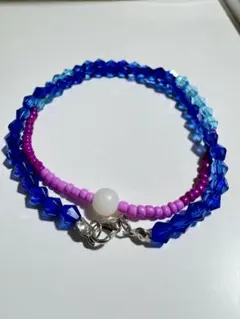 ワンポイントパール×クリスタル×ビーズネックレス ブルー&パープル系