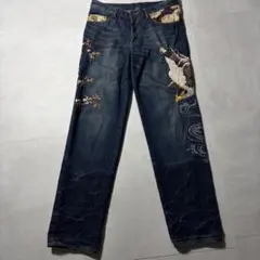 【y2k•00s】百花繚乱 和柄 豪華総刺繍 デニム 鷹 桜 菊 32 鬼ヒゲのサムネイル