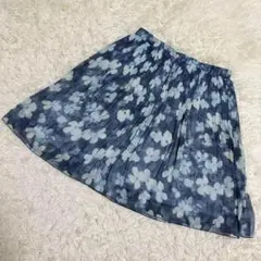 ユニクロ　シフォンスカート　花柄　プリーツ　膝丈　上品　ブルー　（M）