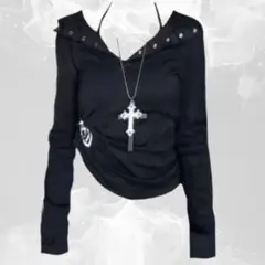 ブラックVネック長袖トップス Y2K ストリート グランジ ギャル ロック 韓国