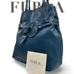 【美品】フルラ　トートバッグ　ハンド　レザー　ブルー　ロゴ型押し　肩掛け　大容量