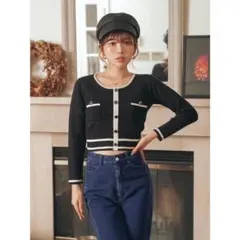 Darich（ダーリッチ）　パイピングショートニットトップス （ブラック）