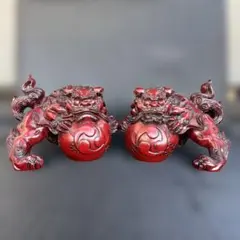 朱塗り 獅子 置物 狛犬 縁起物 ペア
