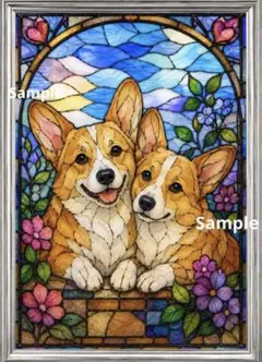 寄り添うコーギー犬♡幸せのステンドグラス風アート