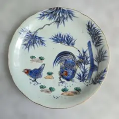 古伊万里 金彩 色絵 染付 鶏 六寸皿 江戸時代 骨董 アンティーク 金