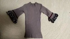 リブ編み五分袖ニット/グレージュ/袖フレア