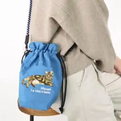 新品 アニマル刺繍コードショルダーバッグ 巾着ポーチ型 猫 ミヌエット ブルー