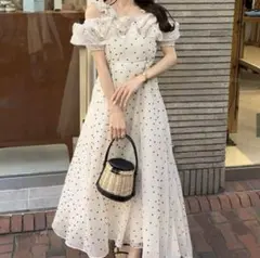 GRL⭐︎ドット柄フリルオフショルダーフレアロングワンピース Sサイズru1165