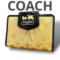 美品　COACH コーチ　シグネチャー柄　折り財布　エナメル　コンパクト