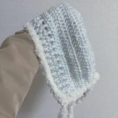 バラクラバ　ボンネット　ニット帽　フード帽　ハンドメイド　編み物　水色　白