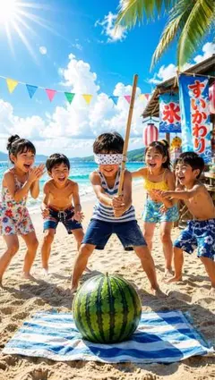 AI画像　夏の風物詩　スイカ割りのサムネイル