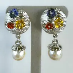 フラワー カラフル パール ドロップ イヤリング ヴィンテージ E-213