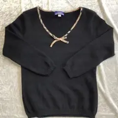 バーバリー　ニット カットソー ウール ノバチェック リボン 長袖 M 黒