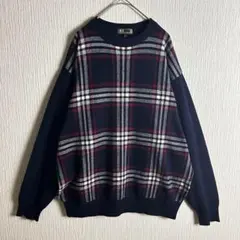 【ニット】　チェック柄　紺　白　赤　オシャレ　古着