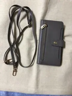 iPhone11、グレー 財布型スマホケース ストラップ付き