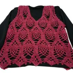 手編み 毛糸 かぎ針編み パイナップル編み ベスト 赤 紫 赤紫グラデーション
