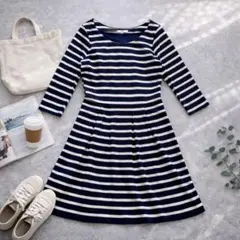 k1589 ナチュラルビューティーベーシック ボーダーワンピース 7分袖 フレア