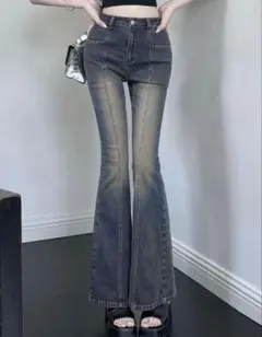 グレー ブーツカットデニム ハイウエスト