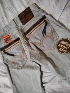送料込み★EDWIN503ブルートリップ　ダメ－ジ仕様デニムワッペンsize30