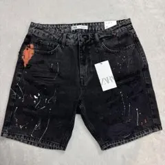 ZARAザラ　ペイント/ダメージ加工ショートデニム　ブラック　新品タグ付き