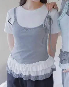 ALAND レイヤード風 フリル キャミソール Tシャツ セット グレー