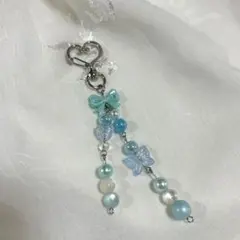 ビーズ スマホストラップ 蝶とリボン ハート 青 メンカラ