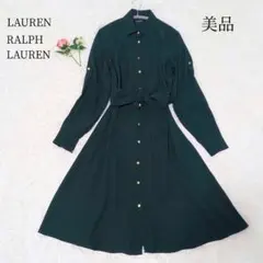 美品✨ローレンラルフローレン　 シャツワンピース　金釦　リボンベルト　グリーン