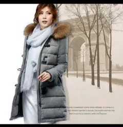 【美品】グレー ツイード ファー付き ダッフル ロングダウンコート