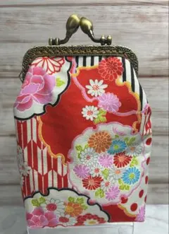 ハンドメイド】 和柄 西陣織金襴 金糸 ラメ糸 がま口ポーチ #832