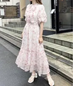 NICE CLAUP 水彩柄ボウダイワンピース ピンク