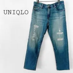 ユニクロ【F】ストレートデニム ブルー系 コットン ダメージ 古着 ジーンズ