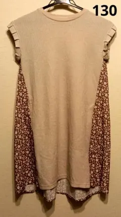 【130】バックプリーツワッフルワンピース　ピンクベージュ×小花柄