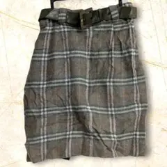古着　スカート　チェック柄　ミニ丈　グレー　秋冬　ベルト