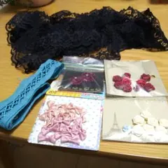 ハンドメイド素材セット 黒レース 青レースース幅 花飾り3 リボン1