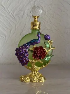 香水瓶(25) 孔雀 花 緑×ゴールド系 ※破損あり