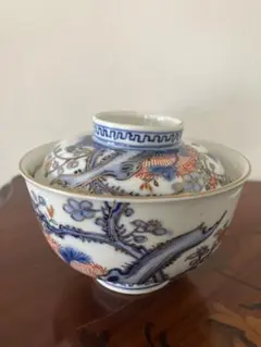 蓋付き煮物椀　蒸し茶碗　アンティーク　古伊万里　花鳥金色柄