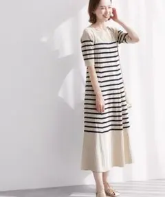 ROPÉ PICNIC◆スクエアネックボーダーニットワンピース◆ベージュ系◆38