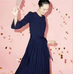 CELFORD スプリングニットワンピース ネイビー 長袖 プリーツワンピース