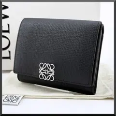 定価9.3万【極美品】ロエベ 三つ折り財布 アナグラム シルバーロゴ 黒 レザー