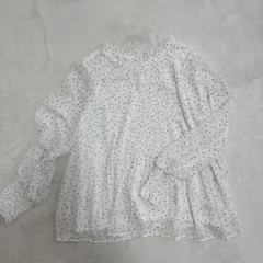 ホワイト ドット柄 フリル襟 長袖ブラウス