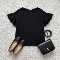 ショコラフィネローブ 袖フリルカットソーTシャツ（F）ブラック 黒 綿混 無地のサムネイル