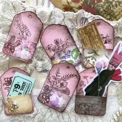 (#371)ヴィンテージボタニカルミニポケット付タグ、お裾分ファイル素材