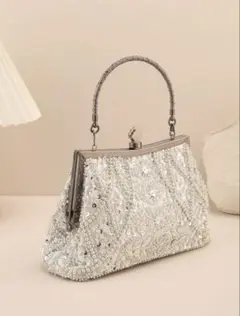 ビーズ　ラインストーン　バッグ　ホワイト　シルバー