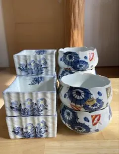 全20点☆和食器大量まとめ売り◇高峰作 網目小鉢10個＆染付長角皿10枚