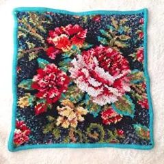 フェイラー　タオルハンカチ　縁エメラルドグリーン　ブラック　花柄